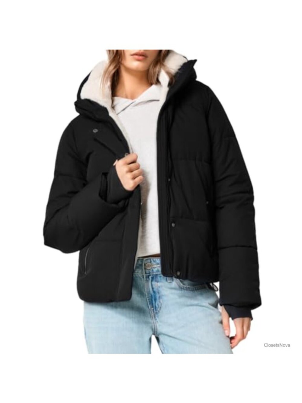 Cropped Puffer Jacket Faux Fur Lined Quilted Hooded Winter Coat